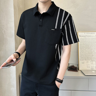 装 Polo衫 潮流透气生条纹翻领0325k 宽松短袖 春夏男t恤棉士夏季