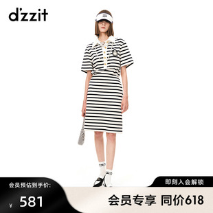 dzzit地素春夏专柜新款 法式 复古徽章设计条纹Polo收腰连衣裙女