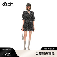 dzzit地素v领连衣裙春秋专柜新款法式浪漫泡泡袖星星印花女