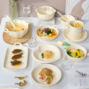 家用陶瓷餐具高颜值碗筷盘子乔迁新居碗盘组合套装 奶油风碗碟套装