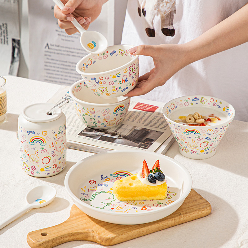 高颜值卡通涂鸦碗碟家用餐具陶瓷