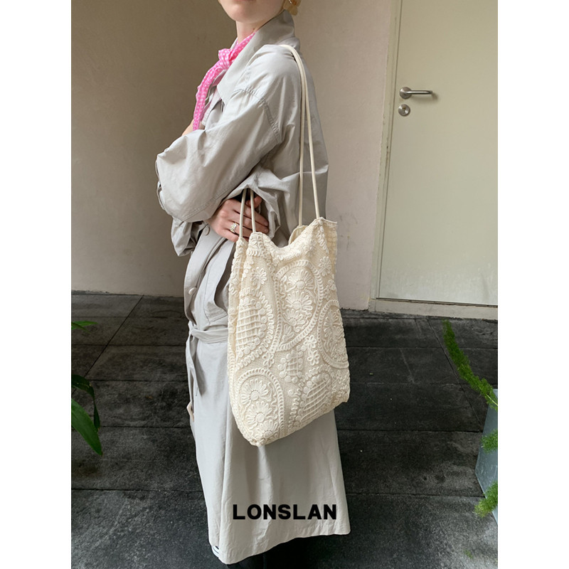 Lonslan BAG 2026春夏米白色温柔蕾丝单肩帆布包大容量通勤包包