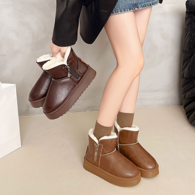 冬季新款东北雪地靴防滑防雪厚底雪地棉皮毛一体短筒加绒时尚棉鞋