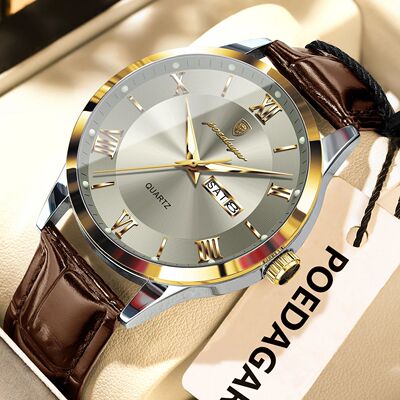 POEDAGAR OriginalWatch For Man Leather Date Week Quartz Men