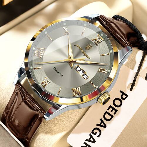 POEDAGAR OriginalWatch For Man Leather Date Week Quartz Men