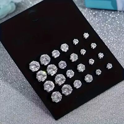 12 Pairs Set Stainless Steel Stud Earrings with Gemstone