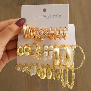 Gold Color Vintage Geometry Pearl Earrings Set Metal Twine