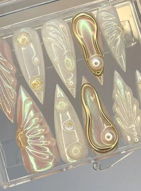 10Pcs Handmade Manicue Long Almond Fake Nails 3D Ballet