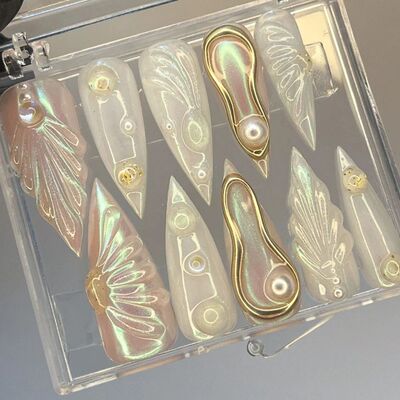 10Pcs Handmade Manicue Long Almond Fake Nails 3D Ballet