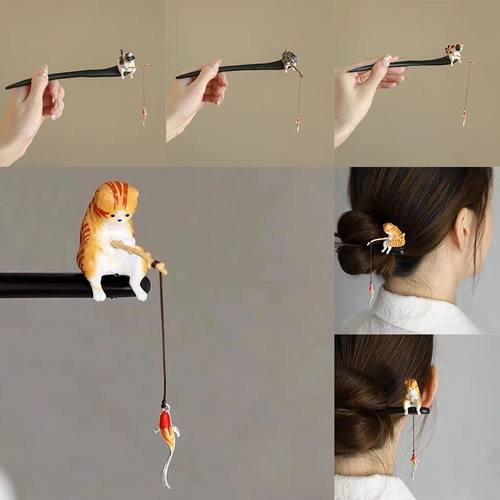Retro Wooden Hair Stick Hairpin for Women Cute Cat Tassel