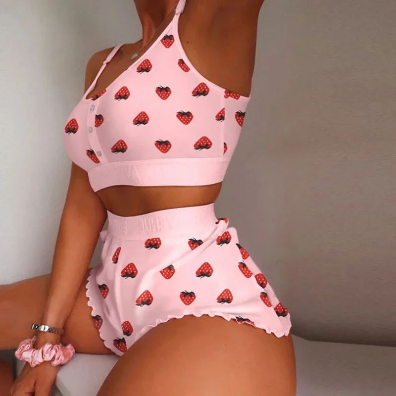 Swimsuit Women's 2-Piece Set Fashion Strawberry Print Lace