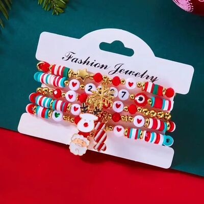 Chistmas Polyme Clay Beaded Bacelet Set fo Women Snowflake