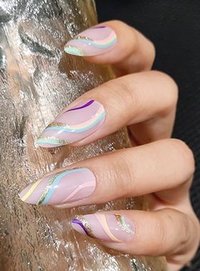 24Pcs Fench Fake Nail With Geen Leaf Pint Design Long