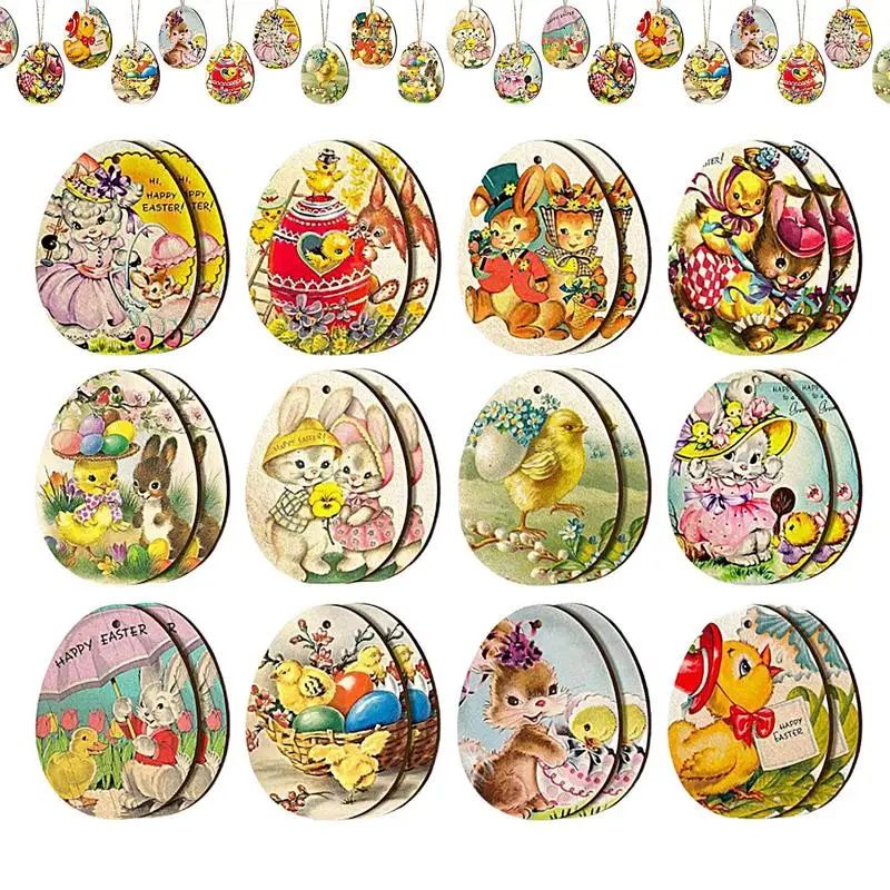 36Pcs Wooden Egg Easter Rabbit Craft Hanging Ornaments for