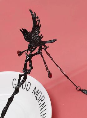 Dark thorn crow hairpin, crow fringe hairpin with rose,