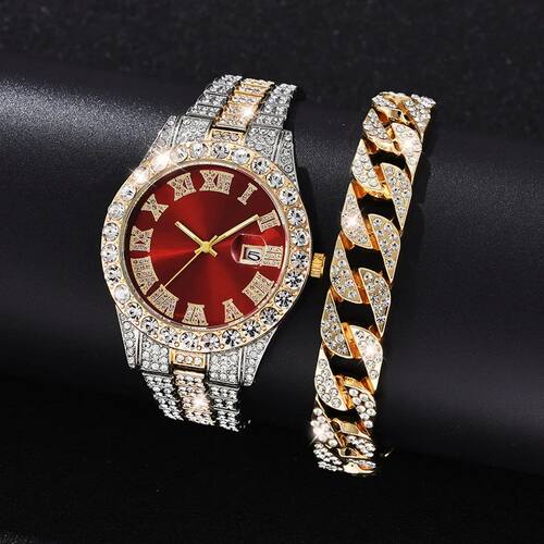 2pcs Fashion Diamond Men Women Watches Gold Watch Ladies