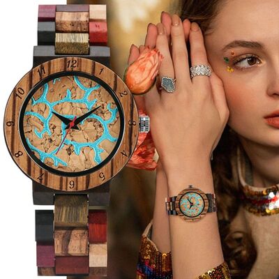 Vintage Mixed Color Irregular Blue Lines Watch WomenWooden