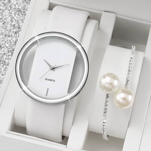 2PCS/Set Women's Watch Pearl Diamond Bracelet SetHollow