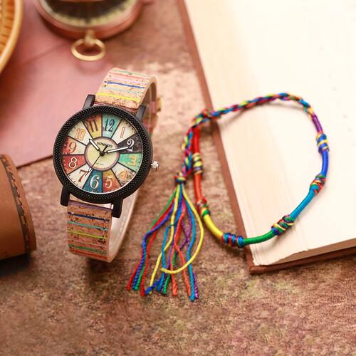 2PCS/Set Women's Watch Vintage Leather Band Analog Quartz