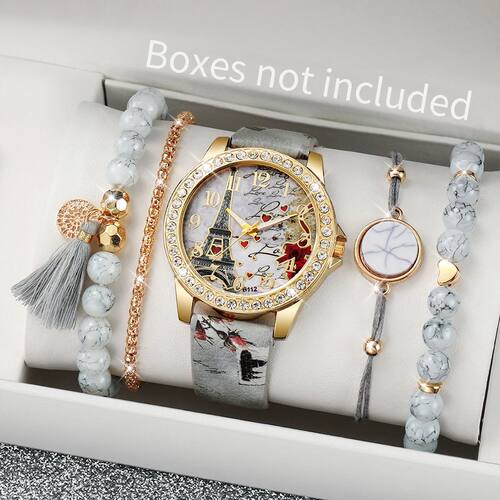 2/3/4/5PCSRhinestone Women's Watch Flowers Printed Leather