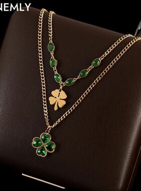 GANEMLY 316L Stainless Steel Leaf Clover Green Crystal