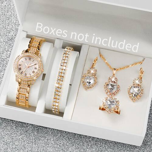6PCS/Set Fashion Full Diamond Women's Watch Gold Steel Band