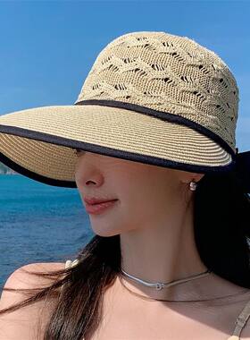 Women Ponytail Straw Sun Hat Wide Brim Visor Summer Cap Sun