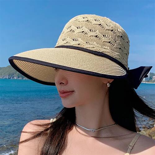 Women Ponytail Straw Sun Hat Wide Brim Visor Summer Cap Sun