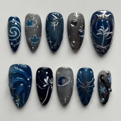 24Pcs Sweet Cool Almond Fake Nail Mid-length Black False