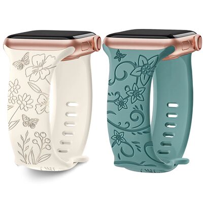 Floral Engraved Strap For Apple Watch Band 40mm 44mm 41mm