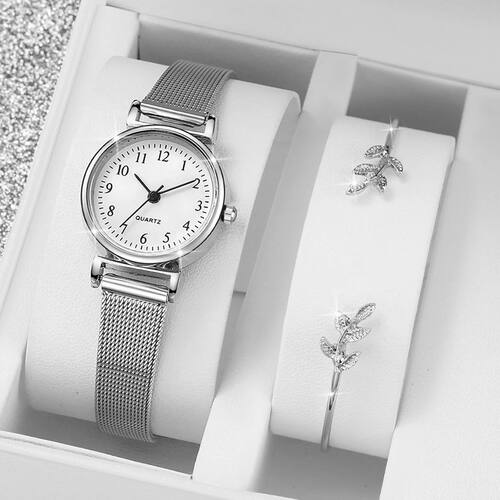 2PCSArabic Dial Women Quartz Watch Steel Mesh Band Watches