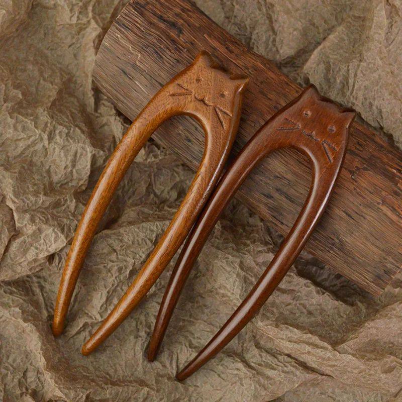 Chinese Cat Pattern Hair Sticks Wooden U Shaped Hair Forks