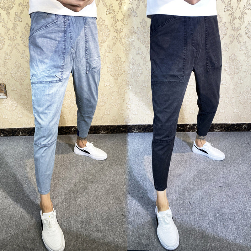 春夏裤子男士牛仔裤韩版潮流哈伦裤青年百搭束脚裤修身休闲小脚裤
