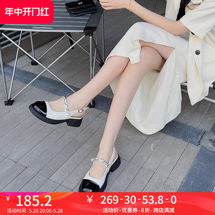夏季 嘉俪多韩版 女漆皮浅口圆头后空玛丽珍粗跟2023新款 时尚 凉鞋