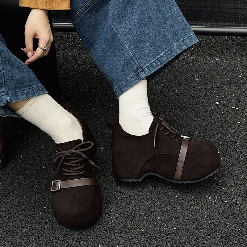 嘉俪多女韩版深口单鞋圆头羊反绒松糕底系带拼接2026新款春季时尚,女鞋,深口单鞋,淘宝优惠券,粉丝福利购,淘宝优惠卷