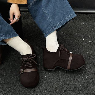 嘉俪多女韩版深口单鞋圆头羊反绒松糕底系带拼接2026新款春季时尚