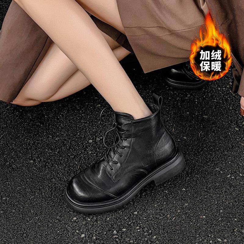 嘉俪多女鞋英伦短靴马丁靴羊纹PU粗跟系带拉链冬季加绒2025新款