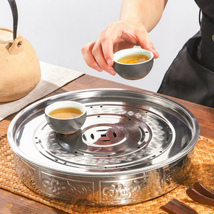 大号欧式 特厚不锈钢茶盘双层圆形储水式 茶池沥水盘金属茶海托盘