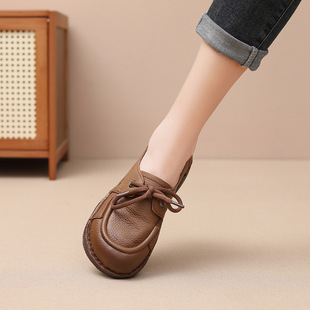 真皮鞋 系带小皮鞋 妈妈鞋 软底防滑休闲百搭运动鞋 女 女单鞋 2025新款