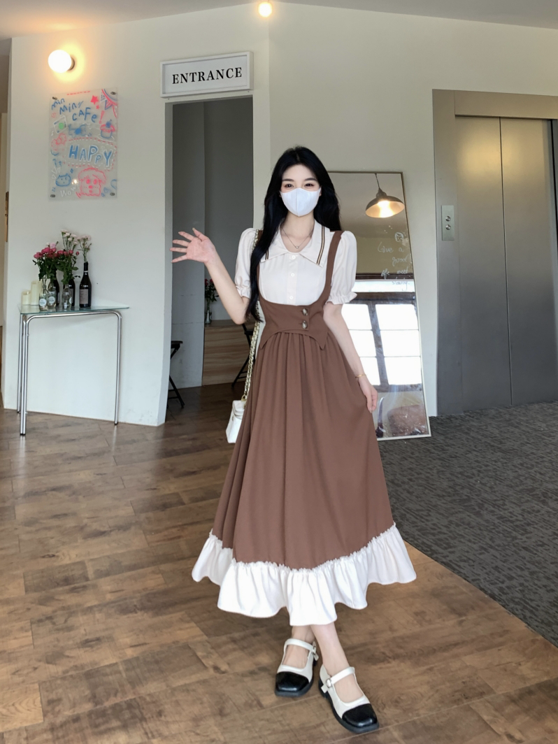 大码女装法式茶歇连衣裙夏季胖mm显瘦假两件设计感学院风裙子