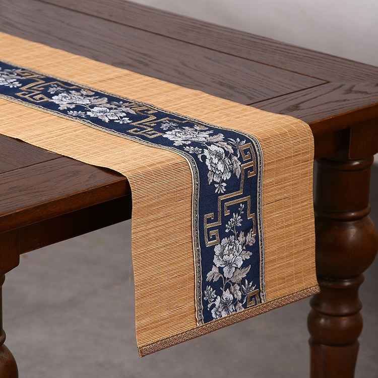 新中式竹茶席牡丹提花长条竹桌旗