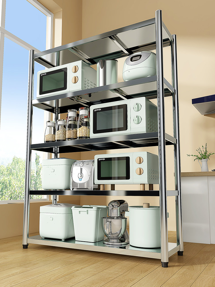 不锈钢厨房置物架落地多层五层家用货架微波炉储物架橱柜收纳架子