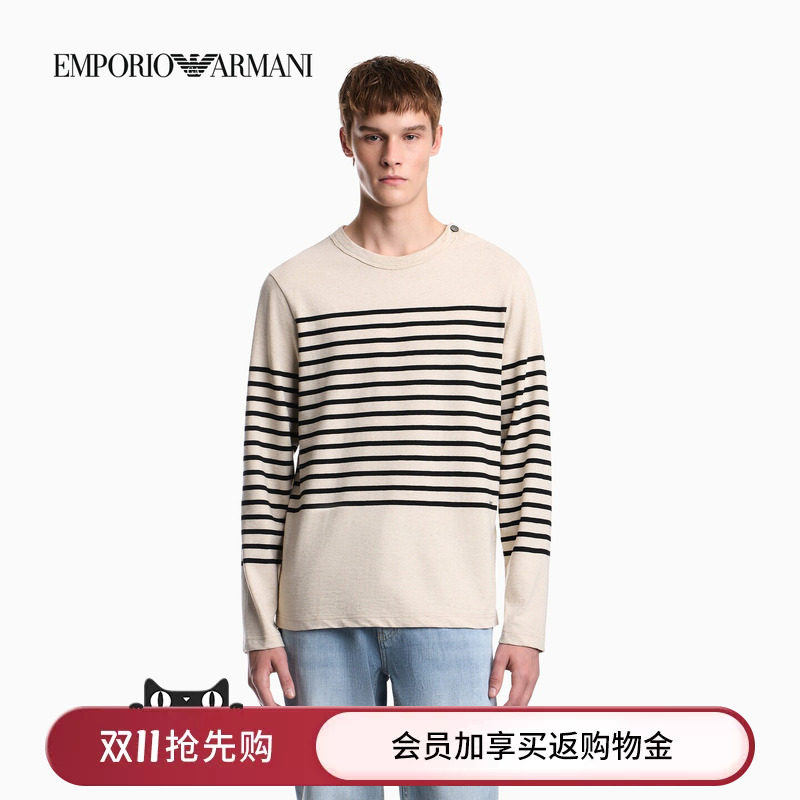 EMPORIO ARMANI/阿玛尼秋冬新款男士棉麻混纺圆领条纹套头针织衫