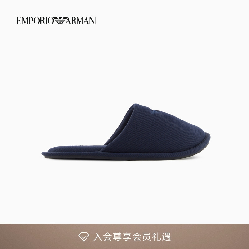 阿玛尼男士平底斜纹刺绣家居拖鞋