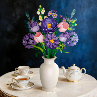 杰星9258紫色系花束仿真永生花玫瑰拼装 益智摆件玩具积木节日礼物