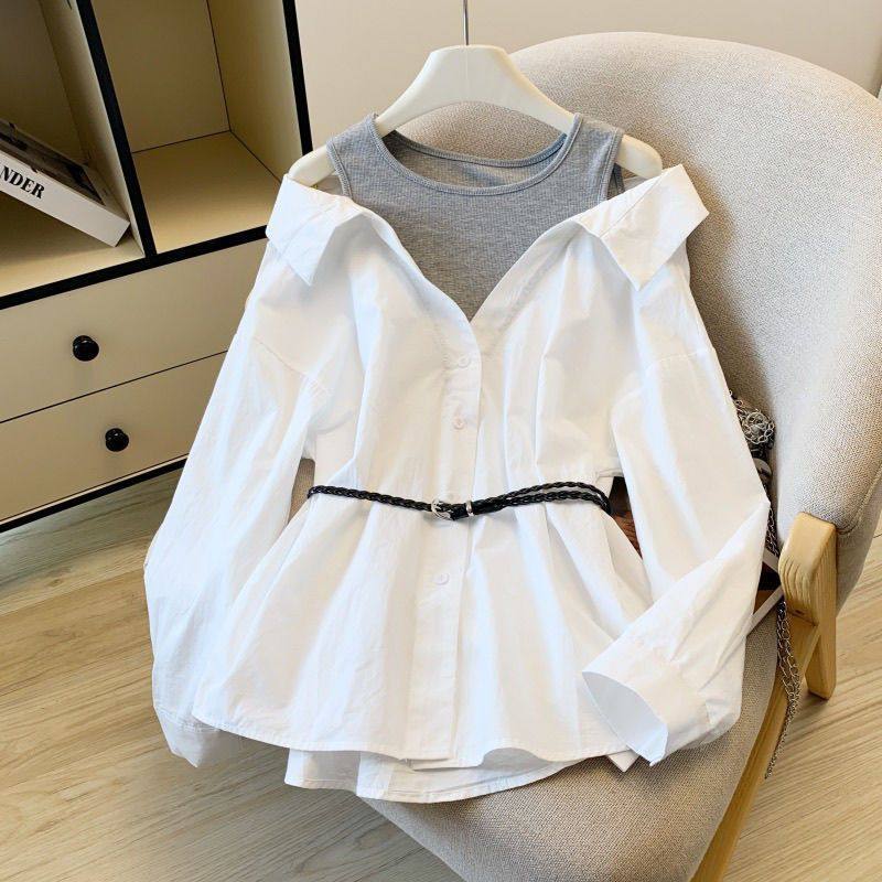 2025法式秋季新款露肩设计拼接两件气质长袖宽松衬衣衬衫上衣女,女装/女士精品,衬衫,淘宝优惠券,粉丝福利购,淘宝优惠卷