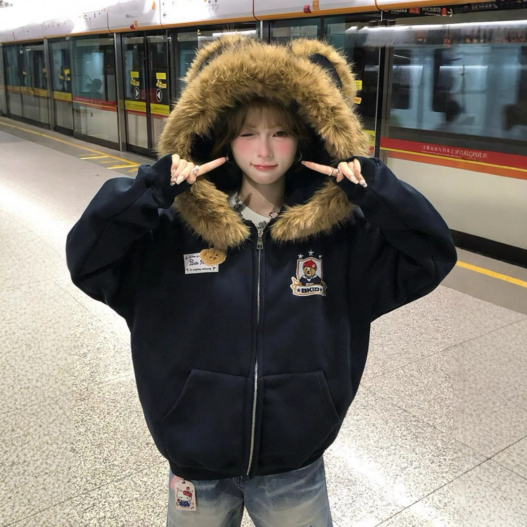 美式复古小熊毛领连帽卫衣女秋冬慵懒宽松休闲情侣外套