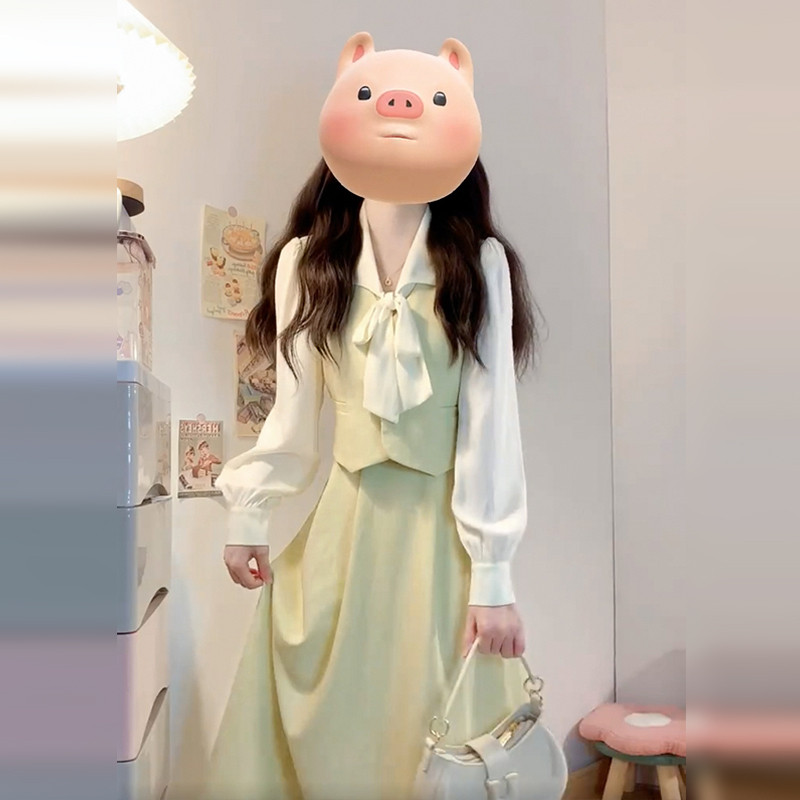 2025新款法式长袖洋装子女初秋季独特漂亮假两件温柔风气质长裙