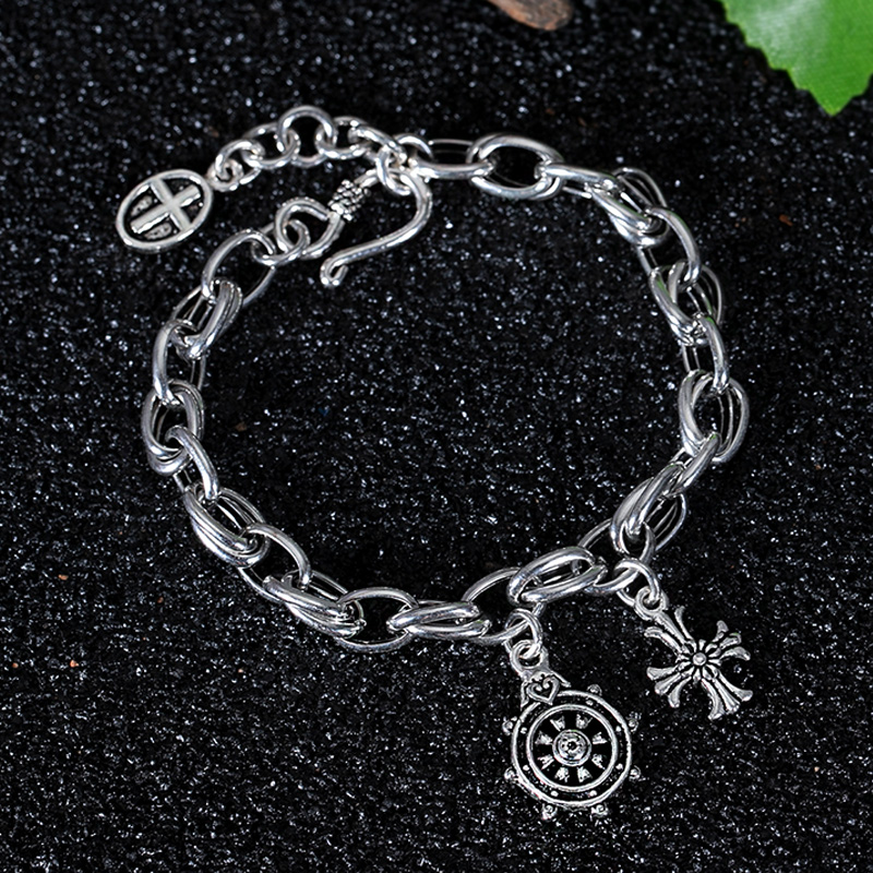 S925银复古泰银手链女时钟字母时尚潮男船舵骷髅头十字架军花挂饰