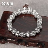 999纯银六字真言圆珠手串990足银貔貅佛珠手链复古泰银男女款 个性